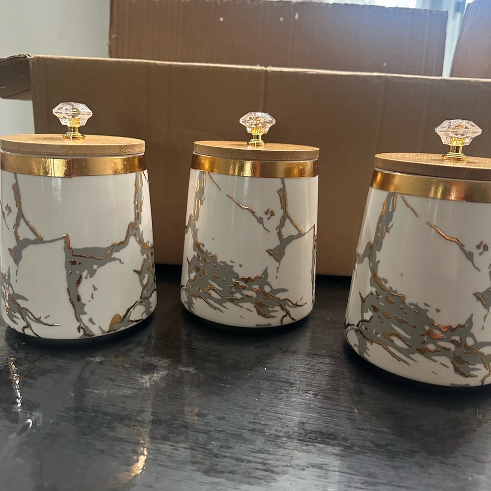Gold-Accented White Marble Ceramic Canister with Crystal Knob